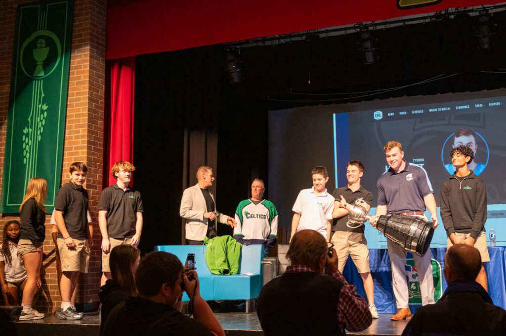 Grey Cup with Tyson Hergott and students