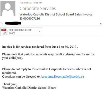 Sample Invoice Email from Corporate Services Department
